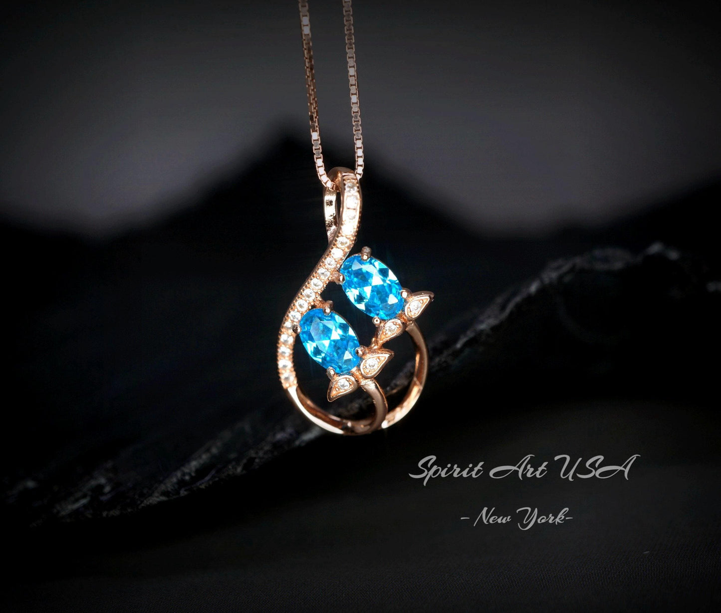 Rose Gold Sterling Silver Blue Topaz Necklace - Gemstone Leaf Flower Tiny Topaz pendant #332