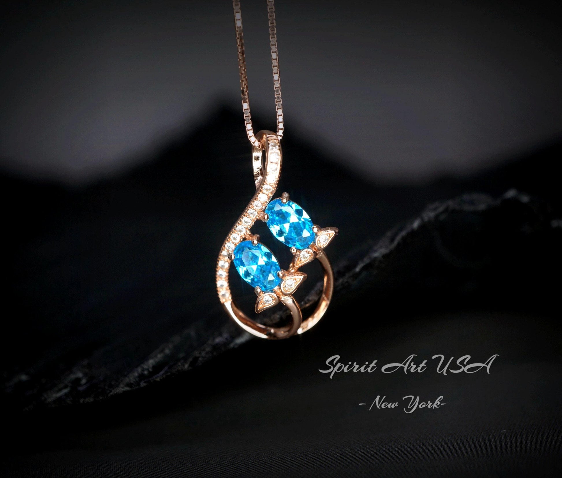 Rose Gold Sterling Silver Blue Topaz Necklace - Gemstone Leaf Flower Tiny Topaz pendant #332