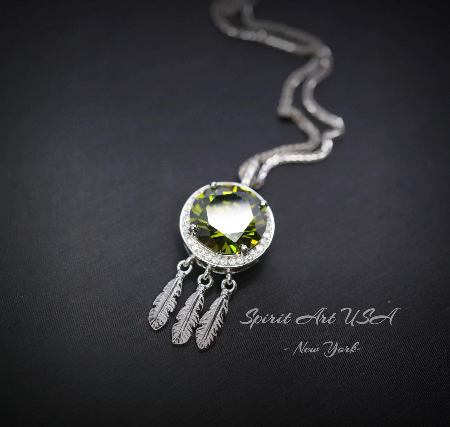 Large Green Peridot Necklace - 18KGP @ Sterling Silver - dreamcatcher Necklace - August Birthstone - Dream Catcher Peridot Pendant #690