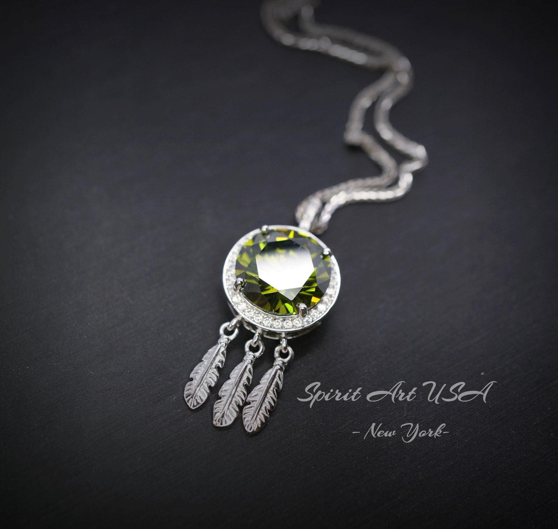 Large Green Peridot Necklace - 18KGP @ Sterling Silver - dreamcatcher Necklace - August Birthstone - Dream Catcher Peridot Pendant #690