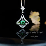 Mandolin flower Emerald Necklace - 1.2 ct Trillion Cut Green Emerald Pendant - White Gold coated Sterling Silver Gemstone Design #759