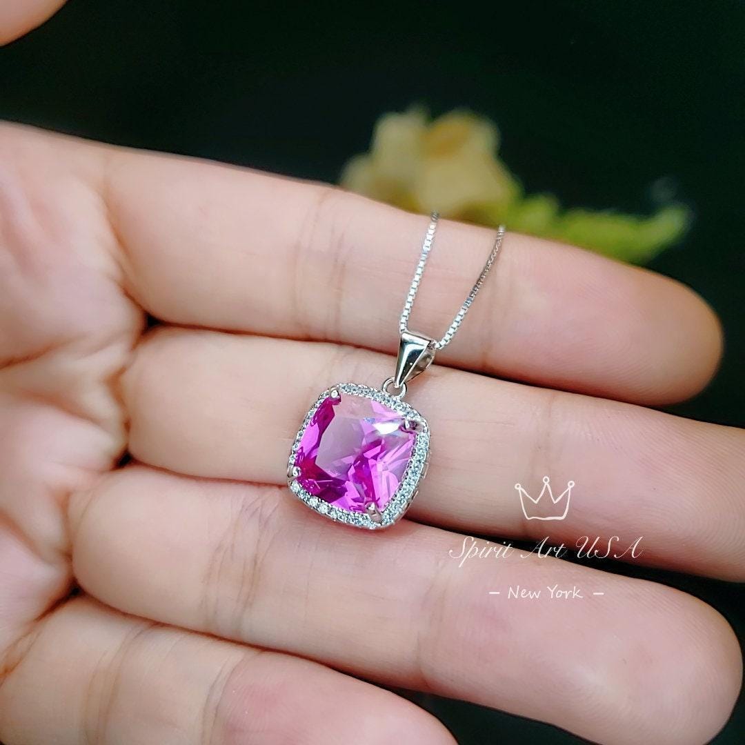 Pink Sapphire Necklace - 6CT Fuchsia Hot Pink Gemstone Pendant - Large Square Sapphire Jewelry Sterling Silver White Gold Plated #462