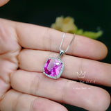 6CT Fuchsia Pink Sapphire Necklace - Large Square Sterling Silver White Gold Plated - Pink Sapphire Jewelry #462