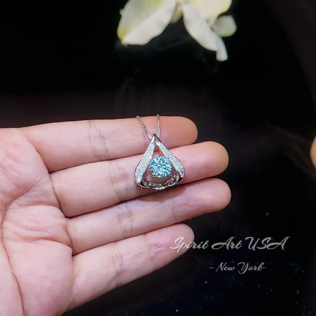 Protective Heart Aquamarine Necklace - Gemstone Fat Triangle Aquamarine Pendant 18KGP & Sterling Silver 2 Ct Round Cut Light Blue Stone #679