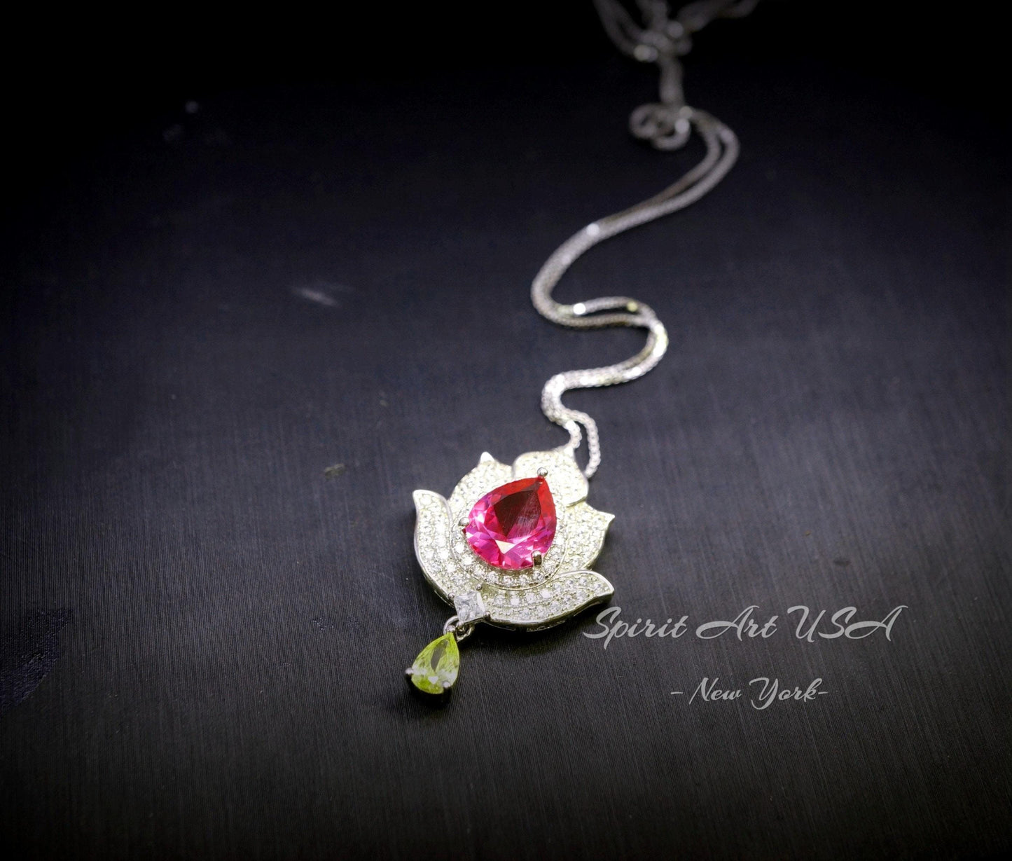 Ruby Necklace - Gemstone Lotus Flower Pendant - 18kGP @ Sterling Silver -Teardrop Halo Ruby Pendant #922