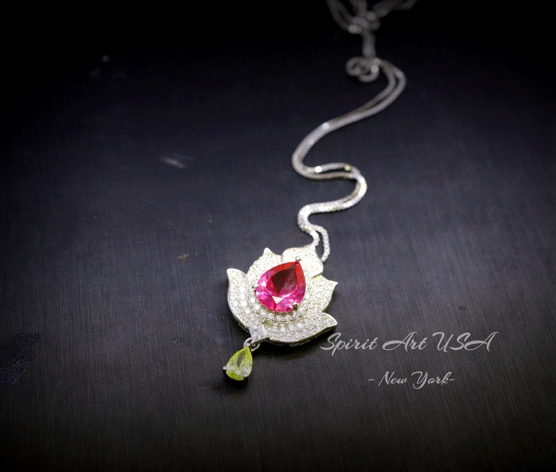 Ruby Necklace - Gemstone Lotus Flower Pendant - 18kGP @ Sterling Silver -Teardrop Halo Ruby Pendant #922