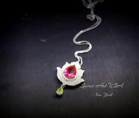 Ruby Necklace - Gemstone Lotus Flower Pendant - 18kGP @ Sterling Silver -Teardrop Halo Ruby Pendant #922