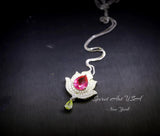 Ruby Necklace - Gemstone Lotus Flower Pendant - 18kGP @ Sterling Silver -Teardrop Halo Ruby Pendant #922