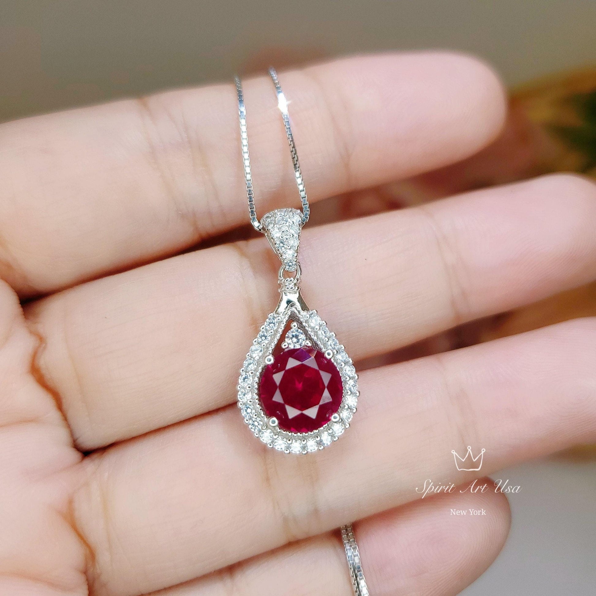 2.1 Ct Ruby Necklace - White Gold plated Sterling Silver Teardrop Created Red Gemstone Pendant Gemstone Halo Solitaire July Birthstone #153