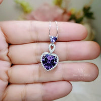 Genuine Amethyst Necklace - Double Heart Amethyst Jewelry - Full Sterling Silver Made February Birthstone Natural Gemstone Pendant #927