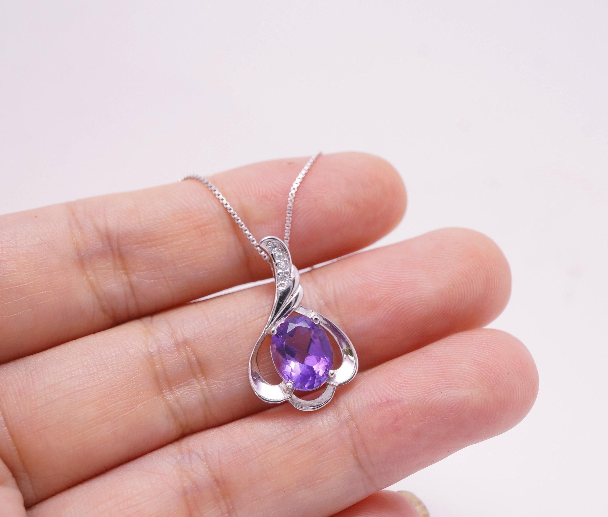 Genuine Amethyst Necklace - Sterling Silver Petal Flower Natural Amethyst Pendant February Birthstone Purple Gemstone Jewelry #461