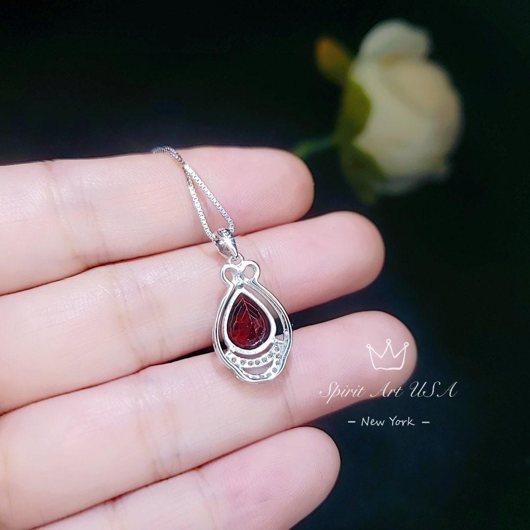 Teardrop Garnet Necklace - White Gold plated Sterling Silver - 2.75 CT Red Garnet Pendant - January Birthstone #438