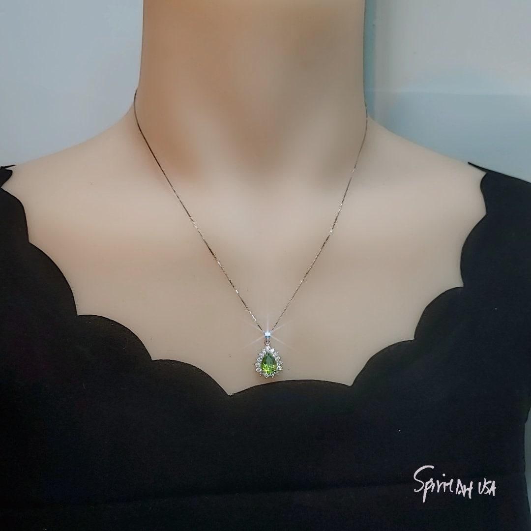 Genuine Teardrop Green Peridot Necklace Diamond Halo Pear Natural 2 CT Green Peridot Pendant Sterling Silver White Gold Plated Solitaire 390