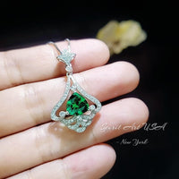 Mandolin flower Emerald Necklace - 1.2 ct Trillion Cut Green Emerald Pendant - White Gold coated Sterling Silver Gemstone Design #759