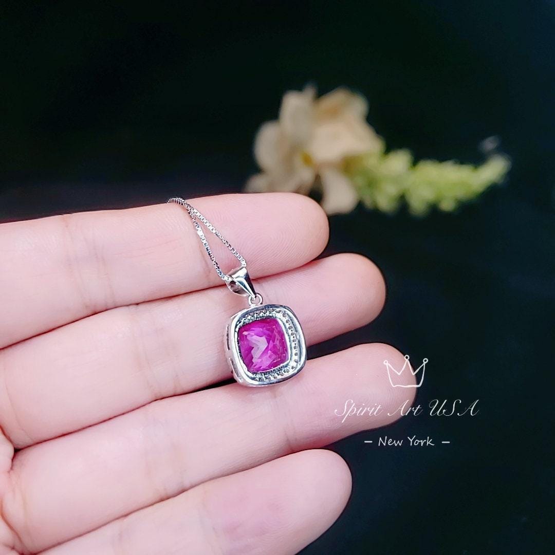 Pink Sapphire Necklace - 6CT Fuchsia Hot Pink Gemstone Pendant - Large Square Sapphire Jewelry Sterling Silver White Gold Plated #462