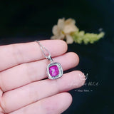 6CT Fuchsia Pink Sapphire Necklace - Large Square Sterling Silver White Gold Plated - Pink Sapphire Jewelry #462