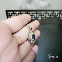 Royal Flower Blue Sapphire Necklace - Sterling Silver 3.5 CT Blue Sapphire Pendant - Large Diamond Flower Solitaire Blue Sapphire 1092