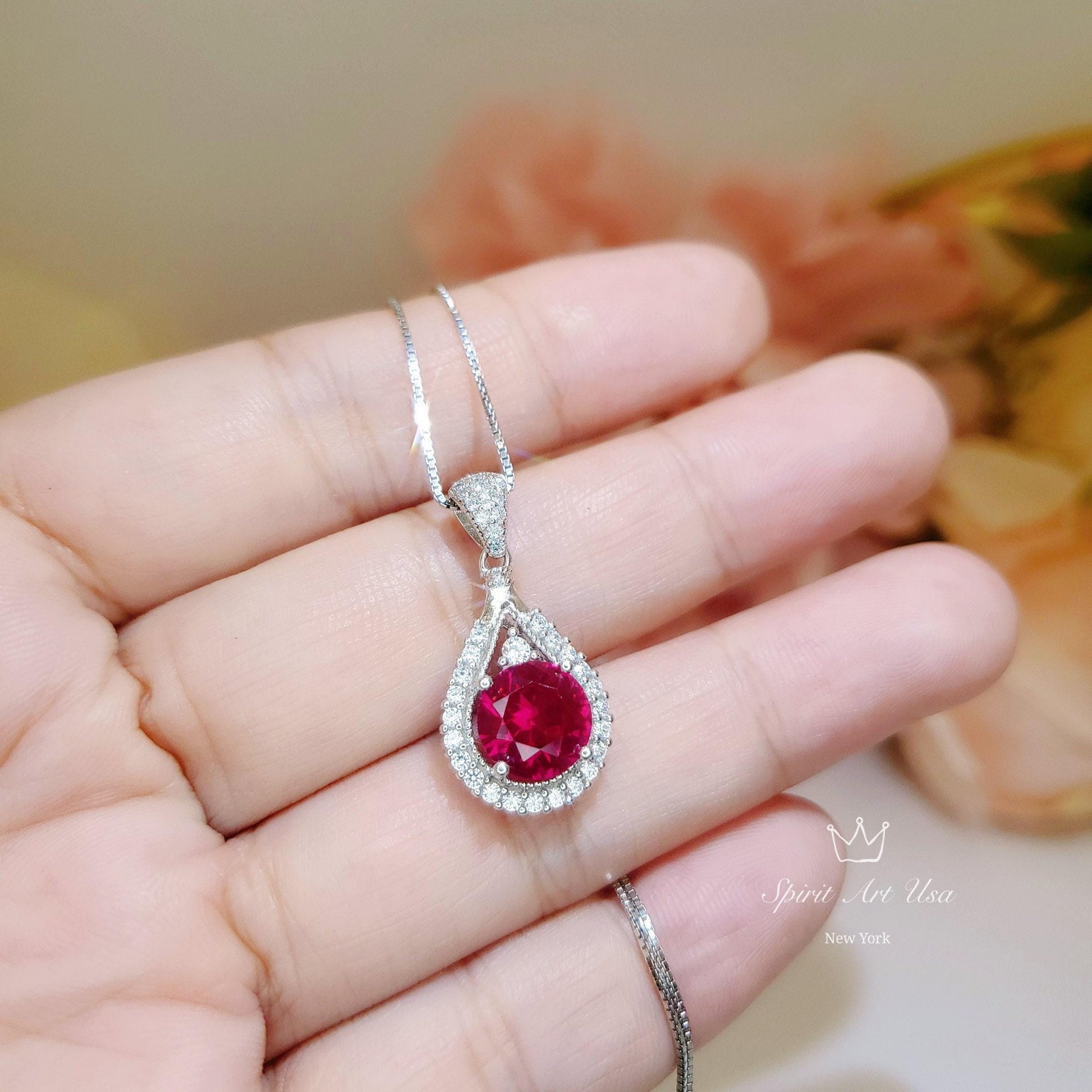 2.1 Ct Ruby Necklace - White Gold plated Sterling Silver Teardrop Created Red Gemstone Pendant Gemstone Halo Solitaire July Birthstone #153