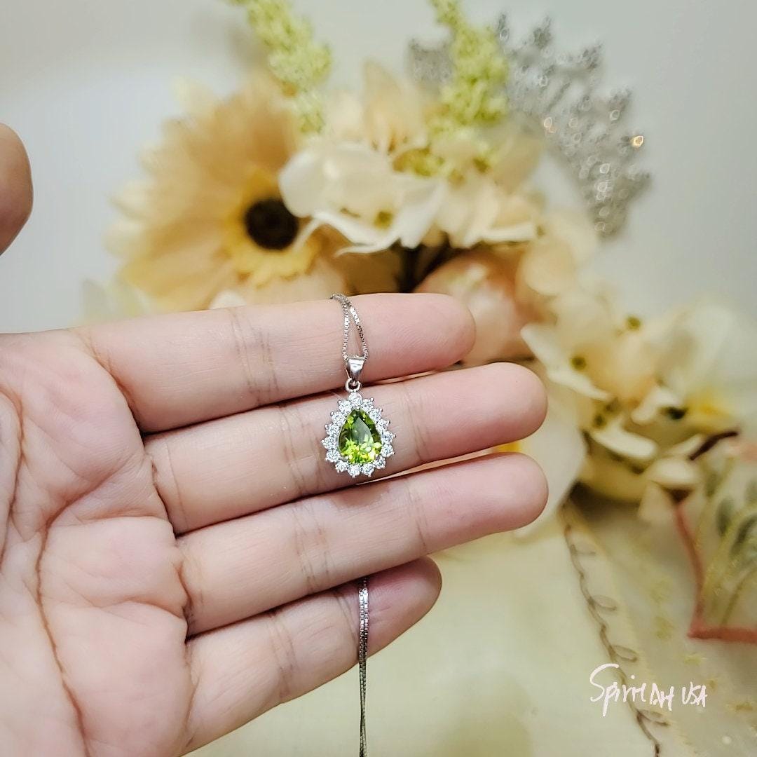 Genuine Teardrop Green Peridot Necklace Diamond Halo Pear Natural 2 CT Green Peridot Pendant Sterling Silver White Gold Plated Solitaire 390