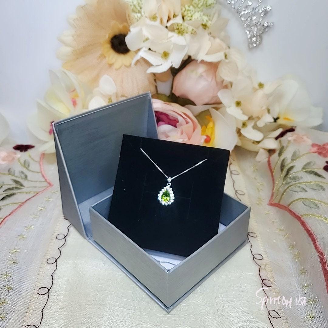Genuine Teardrop Green Peridot Necklace Diamond Halo Pear Natural 2 CT Green Peridot Pendant Sterling Silver White Gold Plated Solitaire 390