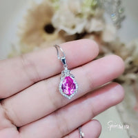Teardrop Pink Tourmaline Necklace, Gemstone Halo Pink Gemstone Pendant, Sterling Silver White gold Solitaire Fuchsia Gemstone Jewelry #196