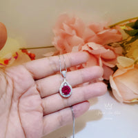 2.1 Ct Ruby Necklace - White Gold plated Sterling Silver Teardrop Created Red Gemstone Pendant Gemstone Halo Solitaire July Birthstone #153