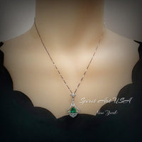 Mandolin flower Emerald Necklace - 1.2 ct Trillion Cut Green Emerald Pendant - White Gold coated Sterling Silver Gemstone Design #759