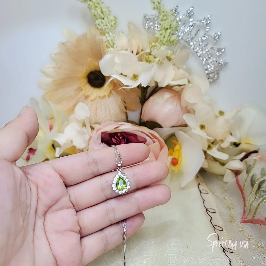 Genuine Teardrop Green Peridot Necklace Diamond Halo Pear Natural 2 CT Green Peridot Pendant Sterling Silver White Gold Plated Solitaire 390