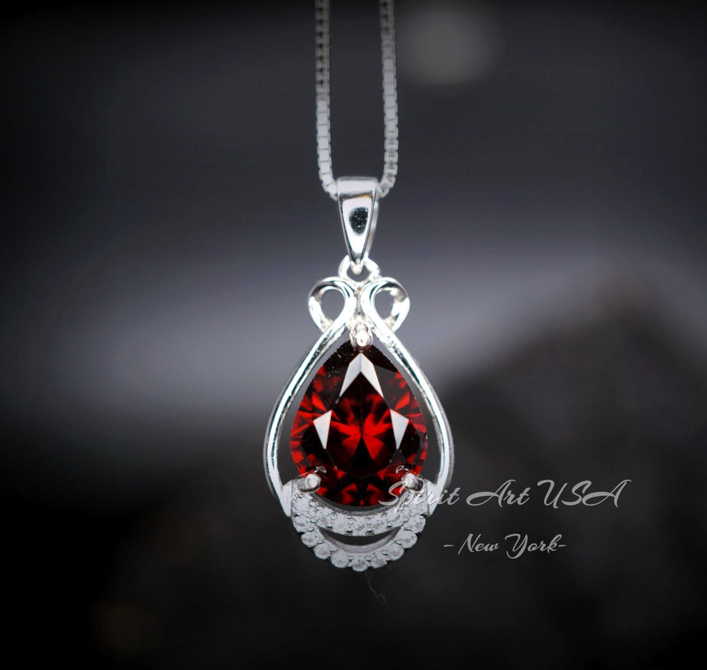 Teardrop Garnet Necklace - White Gold plated Sterling Silver - 2.75 CT Red Garnet Pendant - January Birthstone #438