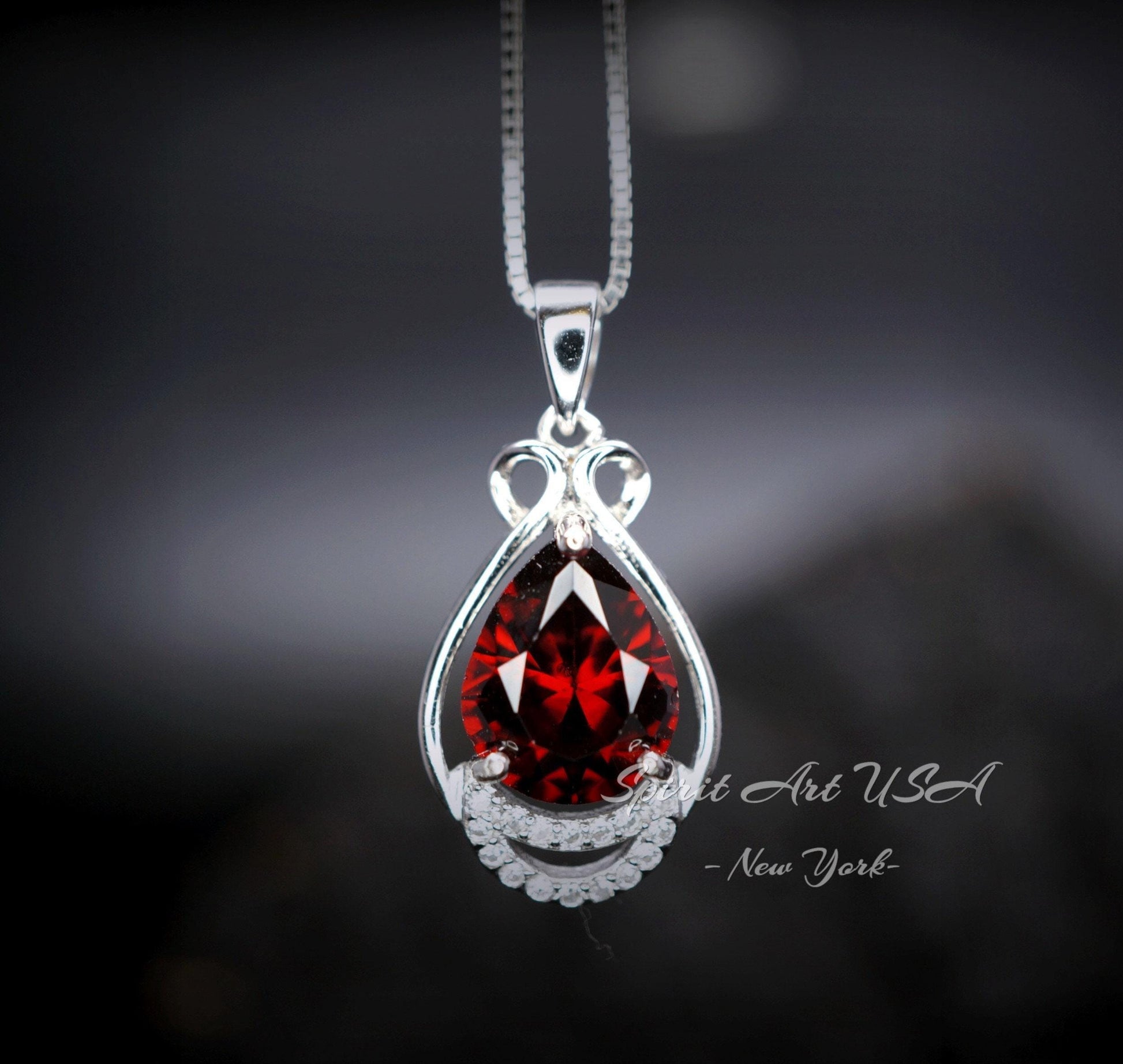 Teardrop Garnet Necklace - White Gold plated Sterling Silver - 2.75 CT Red Garnet Pendant - January Birthstone #438