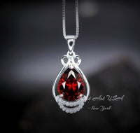Teardrop Garnet Necklace - White Gold plated Sterling Silver - 2.75 CT Red Garnet Pendant - January Birthstone #438