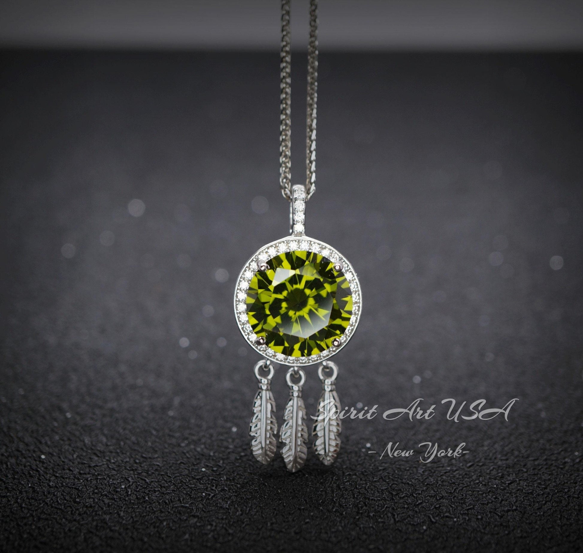 Large Green Peridot Necklace - 18KGP @ Sterling Silver - dreamcatcher Necklace - August Birthstone - Dream Catcher Peridot Pendant #690
