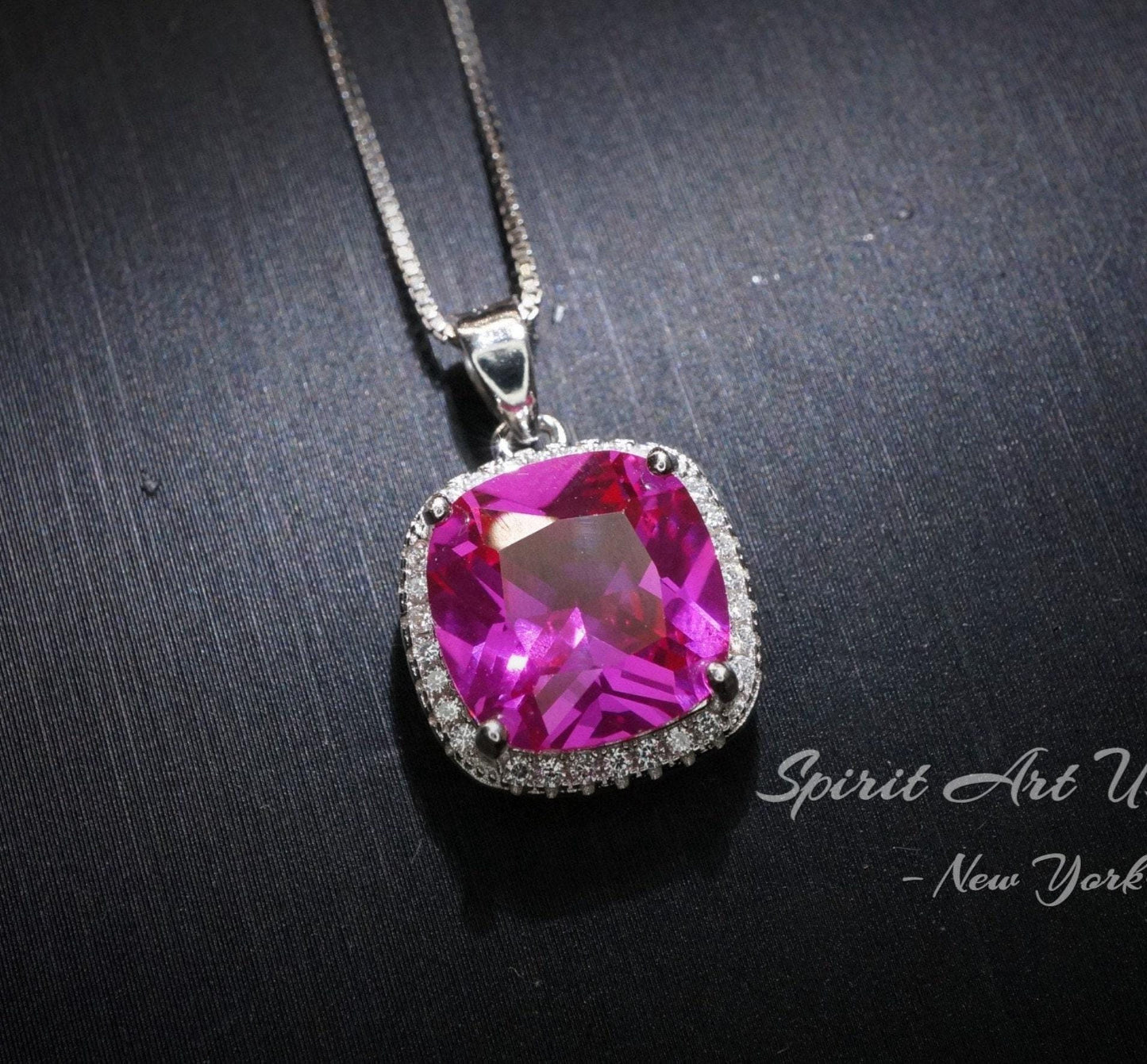 Pink Sapphire Necklace - 6CT Fuchsia Hot Pink Gemstone Pendant - Large Square Sapphire Jewelry Sterling Silver White Gold Plated #462