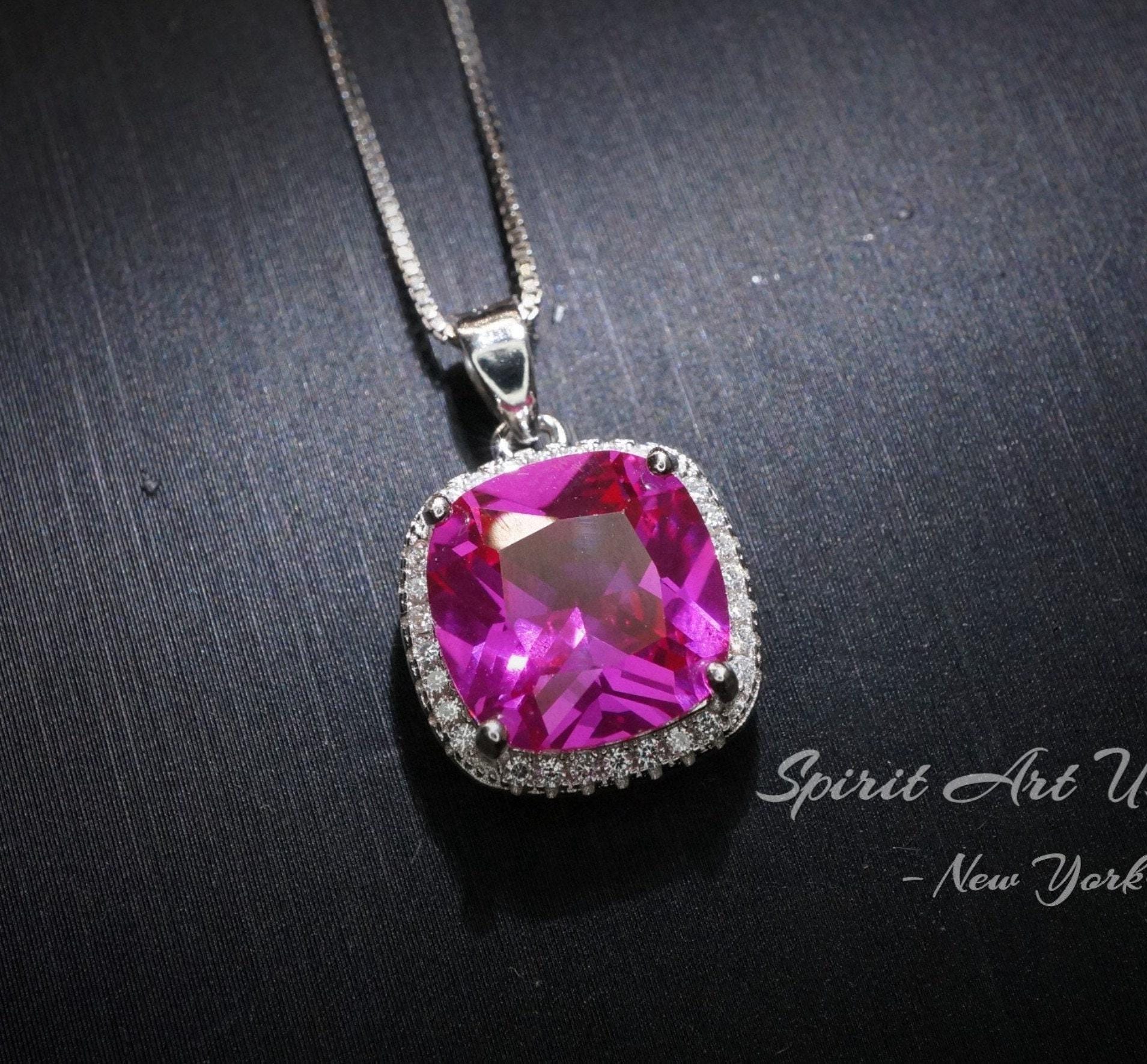 Pink Sapphire Necklace - 6CT Fuchsia Hot Pink Gemstone Pendant - Large Square Sapphire Jewelry Sterling Silver White Gold Plated #462