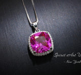6CT Fuchsia Pink Sapphire Necklace - Large Square Sterling Silver White Gold Plated - Pink Sapphire Jewelry #462