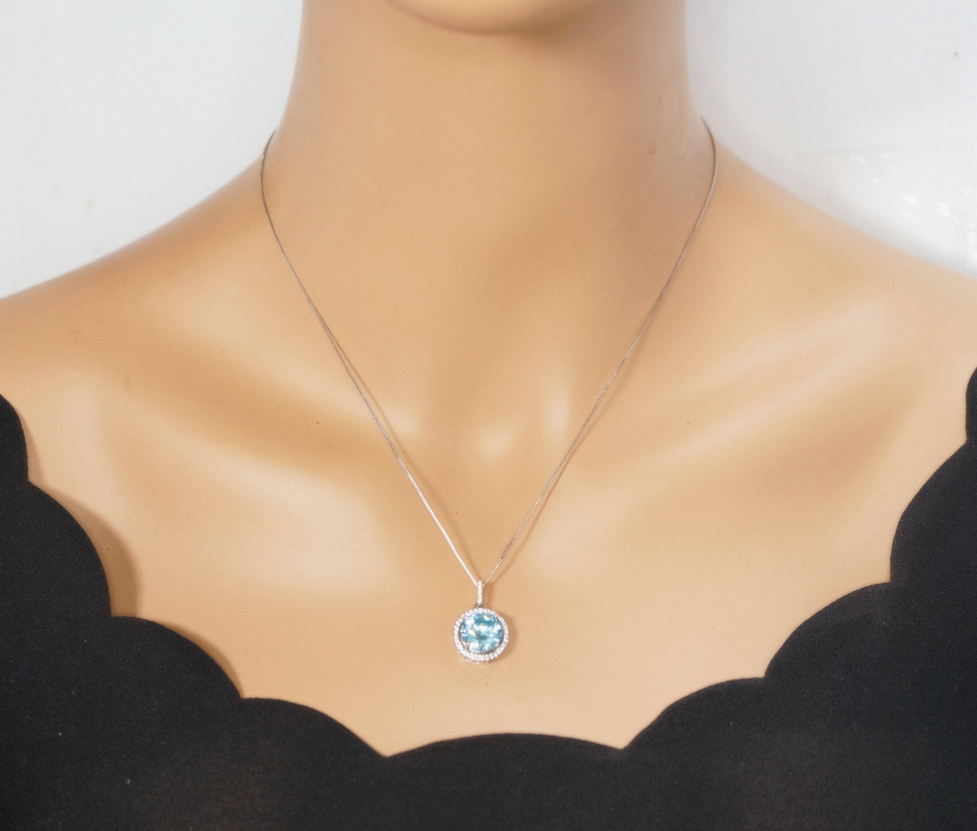 Aquamarine Necklace - Sterling Silver - Gemstone Halo - March Birthstone - Blue Aquamarine Pendant - 18kgp #481