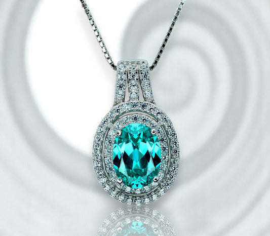 Green Paraiba Necklace - Double Halo - Paraiba Tourmaline Pendant - 18kgp @ Sterling Silver White Gold Oval Cut Paraiba Jewelry #516