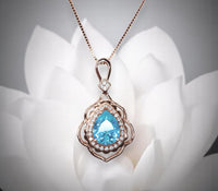 Sky Blue Aquamarine Necklace - Rose Gold Coated sterling Silver Flower Teardrop Large Aquamarine Pendant #639