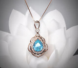 Sky Blue Aquamarine Necklace - Rose Gold Coated sterling Silver Flower Teardrop Large Aquamarine Pendant #639