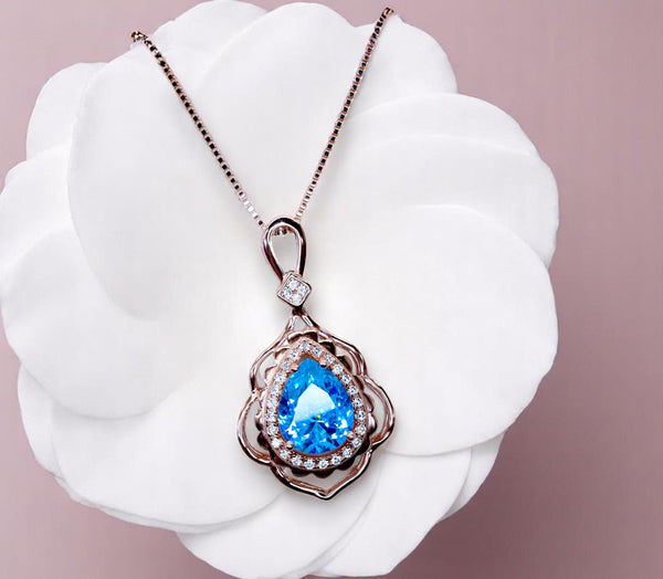 Deep Swiss Blue Topaz Necklace - Rose Gold Coated Sterling Silver Flower Teardrop Large 3ct blue topaz Pendant #1119