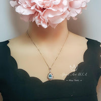 Deep Swiss Blue Topaz Necklace - Rose Gold Coated Sterling Silver Flower Teardrop Large 3ct blue topaz Pendant #1119