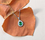 Double Halo Teardrop Emerald Necklace - 18KGP Sterling Silver - 2.75 CT Large Nano Green Emerald Pendant - Gemstone Pear Jewelry #681