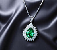 Double Halo Teardrop Emerald Necklace - 18KGP Sterling Silver - 2.75 CT Large Nano Green Emerald Pendant - Gemstone Pear Jewelry #681