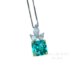 Green Paraiba Tourmaline Necklace - Three Leaf Flower Style - Square Paraiba Pendant - 18kgp @ Sterling Silver #949