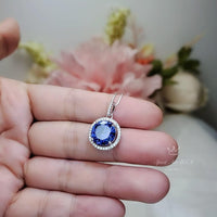 Large 10mm Tanzanite Necklace - Full Sterling Silver Solitaire Round Lab Created Energic Tanzanite Pendant December Birthstone #502