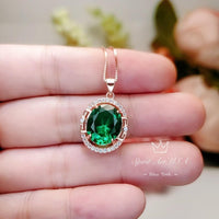 Rose Gold Coated Sterling Silver Oval Cut Green Emerald Pendant - 4.7 CT Large Emerald Necklace #629