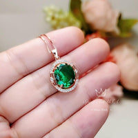 Rose Gold Coated Sterling Silver Oval Cut Green Emerald Pendant - 4.7 CT Large Emerald Necklace #629