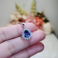 Teardrop Blue Sapphire Necklace Gemstone Halo 2.1 CT Sapphire Pendant Sterling Silver Pear Blue Gemstone Jewelry #394