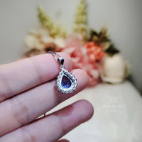Teardrop Blue Sapphire Necklace Gemstone Halo 2.1 CT Sapphire Pendant Sterling Silver Pear Blue Gemstone Jewelry #394