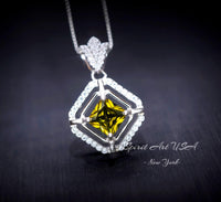 Diamond Crown Square Peridot Necklace 18KGP @ Sterling Silver - Double Halo 0.9 CT Green Peridot Pendant Jewelry - August Birthstone #033